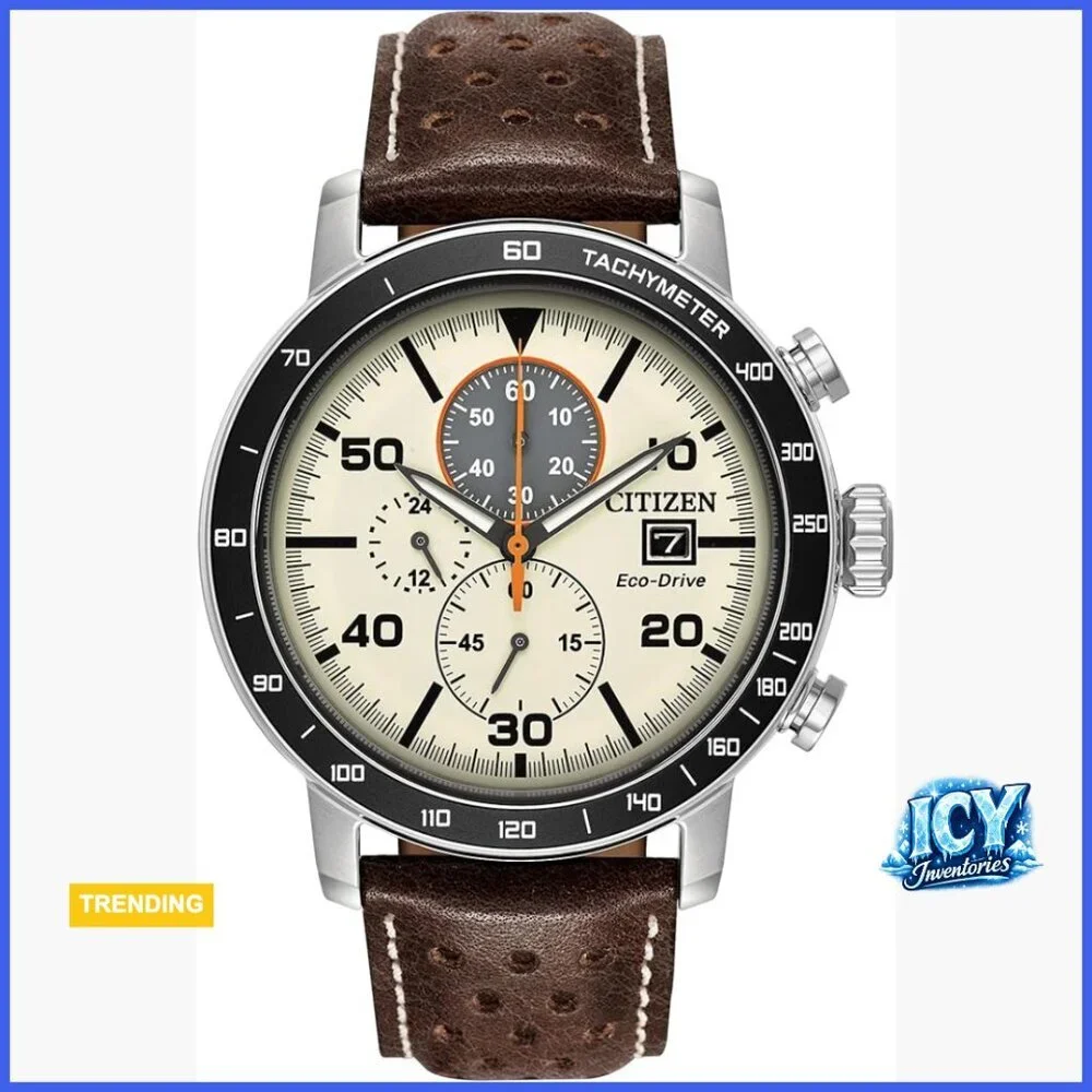 Stainless Steel Eco-Drive Chronograph Watch with Leather Strap